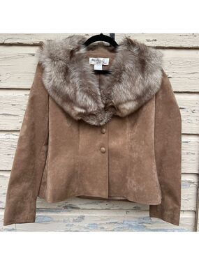 Vintage Adolph Schuman Lilli Ann Blue Fox Fur Ultrasuede Blazer Suit Jacket Rare